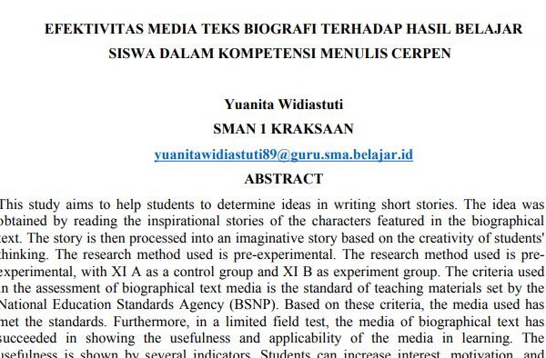 EFEKTIVITAS MEDIA TEKS BIOGRAFI TERHADAP HASIL BELAJAR SISWA DALAM KOMPETENSI MENULIS CERPEN EFEKTIVITAS MEDIA TEKS BIOGRAFI TERHADAP HASIL BELAJAR SISWA DALAM KOMPETENSI MENULIS CERPEN